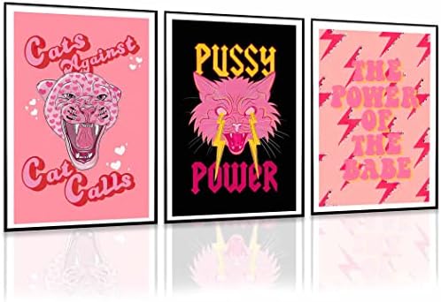 Laurtve 3 компјутери розови естетски постер за подготвување на простории, мачка леопард платно wallидна уметност, женски енергетски