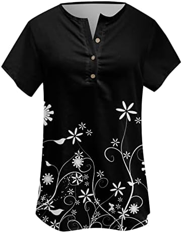 Womenените маички врвни летни кратки ракави, обичен трендовски печатен маички кошула, деколте за копче за блуза, лабава маици дами