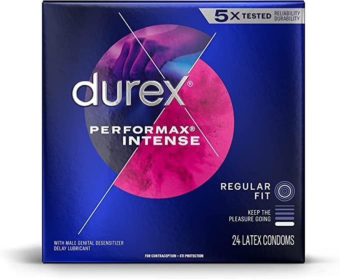 Durex Performax Интензивен пакет со кондом со сребрен елегантен џеб кутија, ребрести задоцнети одложување подмачкани латекс-кондоми-24 брои
