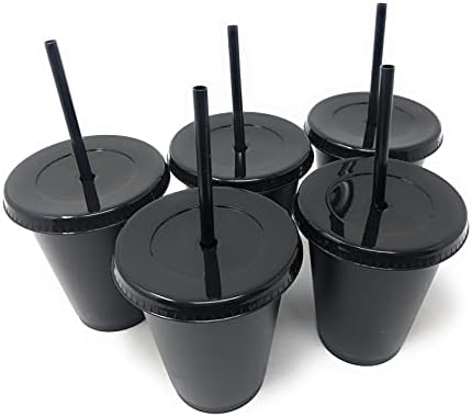 Чаши за повеќекратна употреба Со Капаци И Сламки Црни Пластични Тамблери Прилагодливо Шише Со Кафе Со Вода слама 16 мл 5 Пакување-Одлично