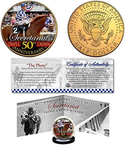 Секретаријатот тројна Круна 50-Годишнина 1973-2023 Официјална Оригинална Златна ОБЛЕЧЕНА ЏФК Кенеди Половина Долар Американска Монета Со Познатиот Сертификат За Пано?
