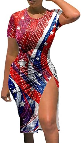 МИАШУИ Дами Тексас Фустан Жени Секојдневен Мода Краток Ракав Слаби Врвка Пресек Независност Ден Должина На Коленото Фустан
