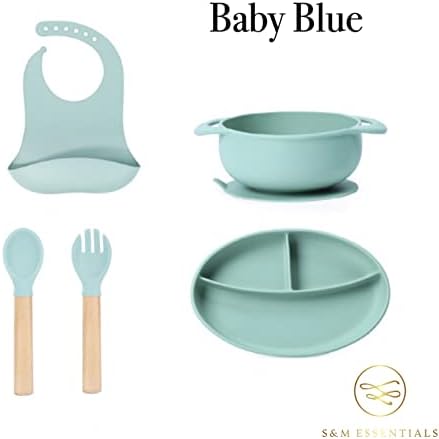 С &засилувач; М Бебе/ Дете Хранење Сет-5 парче силиконски сет-вклучува лигавче, вшмукување сад, плоча, вилушка &засилувач; Лажица-Одличен почеток