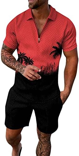 Менс летни патеки поставува истегнување на патент -патент Поставени поло -шорцеви сетови за мажи во боја блок кратки ракави модни голф кошули костуми