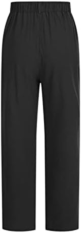 Еластични панталони за еластични половини од половината Chgbmok, памучни постелнина панталони со џебови, обични лабави широки нозе палацо панталони