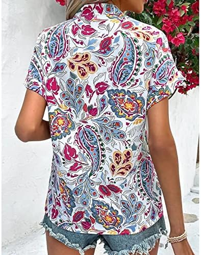 Женски летни врвови цветни печатени v кошули со вратот, обична блуза со кратки ракави кошули женски 2023 врвови на fshion