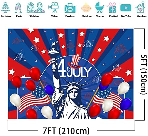 AIIKES 7x5FT Ден на независност на 4-ти јули Почетна позадина Патриотска позадина Американска статуа на слобода огномет САД со знамето