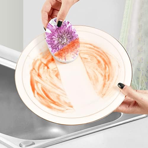 PNYOIN Purple обоена дахлија цветна кујна чистење сунѓери, 3 пакувања без гребење чистење сунѓери двојно еднострано миење садови за домаќинство и бања