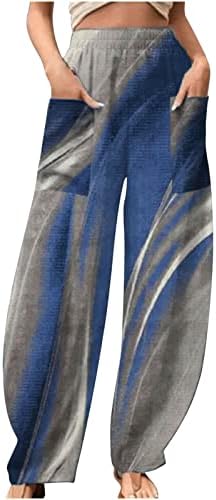 Цветни постелнини панталони за жени меки боемски јога панталони памучни постелнина широка нога еластична лента за половината каприс панталони со целосна должина