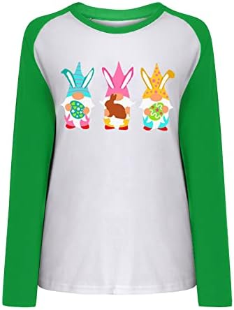 Womenенски велигденски џемпер смешни гноми зајаче јајца печатени врвови со долги ракави екипаж, обичен пулвер, пролетна облека