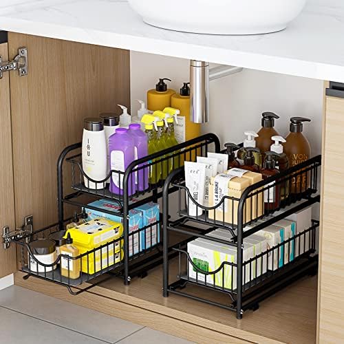 Аијака под складирање на мијалник 2 нивоатабилна фиока за лизгачки корпи за фиоки за кујна и фиоки за бања/кабинет, 2 парчиња, црни