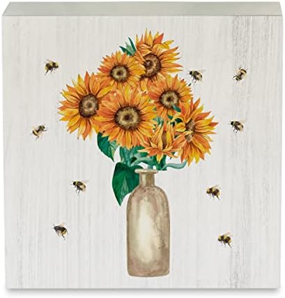Земја сончоглед дрвена кутија знак рустикални сончогледи во вазна дрвена кутија знак Декоративен пролетен летен знак блок блок