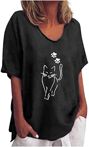 Памучни постелнини врвови жени симпатична мачка печатена кратка ракав Туника тиника лето лабава вклопена екипаж обични кошули блузи