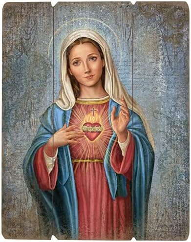 Неповредно срце на Мери Дрвена палета знак, религиозни католички современи украси на домови, 15 инчи