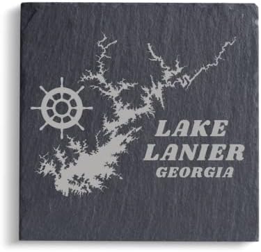 Езерото Ланиер Џорџија Шкрилец Комплет од 4 Ласерски Гравирани, Сиви