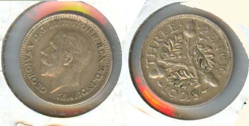 Две Сребрени Монети, Обединетото Кралство: КМ815, Шестпени од 1916 година; КМ813, Трипенс од 1928 година