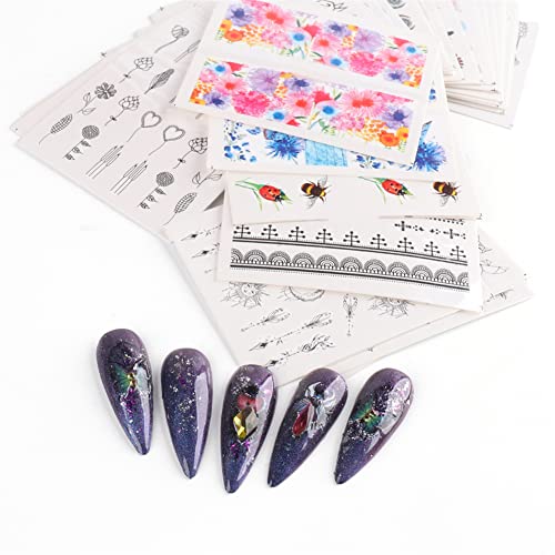 Zqxqy 40 листови налепници за уметност за нокти, цветни житни модели на налепници за нокти налепници на налепници за пренесување