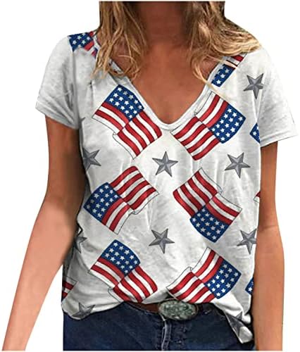 Comigeewa Deep v Sweetheart Deckline вратот маички за жени кратки ракави во САД знаме starвезда графички бранч блузи кошули дами