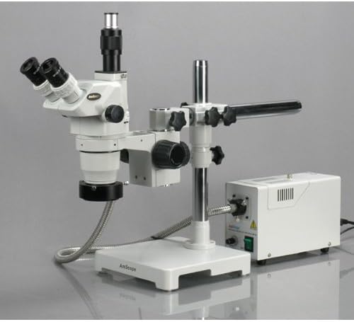 Amscope ZM-3TX Професионален Тринокуларен Микроскоп За Стерео Зумирање, Ew10x Окулари, 3,35 X-45X Зголемување, 0,67 X-4,5 X Зум Цел, Амбиентално Осветлување, Држач За Бум Со Една Рака,