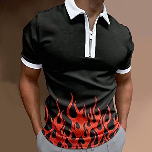 Ubst Zipper Polo кошули за мажи, летен пламен печати тенок вклопување со кратки ракави маица вртење јака обичен голф врвови на резервоарот на врвовите без ракави со качулк