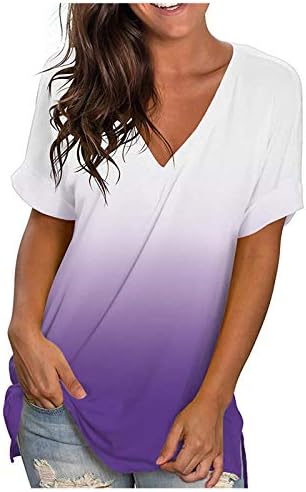 Долкфу женски v врат градиентни маици обични лабави летни туники врвови со кратки ракави раздвоени блузи маички трендовски облека 2023 година