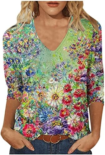 Летни врвови на 3/4 ракави, боемски пролетен врв и блуза фустани обични цветни туники против кошули со должина на лактот на вратот