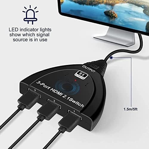 HDMI 2.1 Splitter HDMI Switch 8K 60Hz 4K 120Hz 3 во 1 OUT 4; 4; 4 RGB HDMI Switcher Box 48Gbps со Pigtail кабел за PS4/5 Roku Xbox TV Monitor Projector Projector