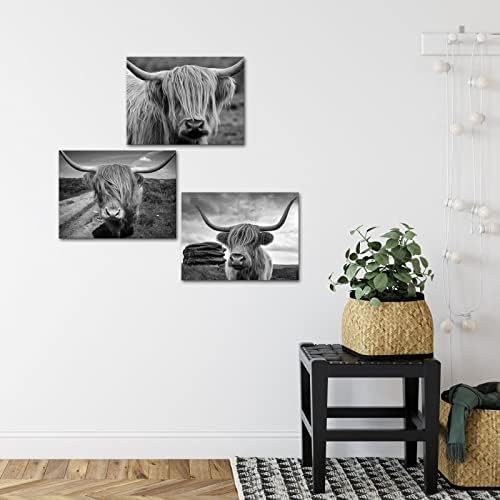 Симивоу 3 парчиња животински wallид уметност Хајленд крава слика wallид декор црно -бел фарма пејзаж сликарство фарма куќа wallид декор врамена подготвена за виси
