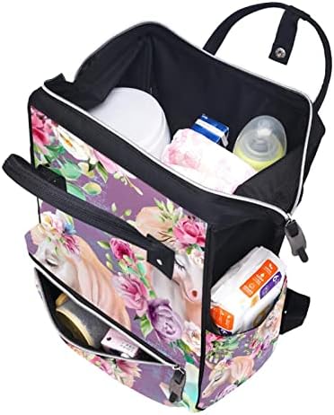 Симпатична еднорог виолетова цвеќиња ранец за пелена за пелена за пелена бебе бебе, менување торби со повеќе функции торба за патувања со голем капацитет