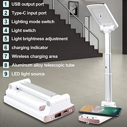 Biftu LED ламба, мултифункционална табела за маса со безжичен полнач, USB-порта за полнење, контрола на допир, преклопување на затемнување