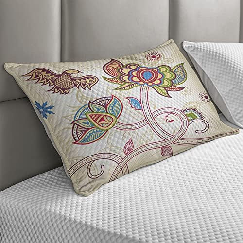 Ambesonne цветни ватирани перници, птици и заоблени цветни ливчиња излитена стил во стил на слика Слика Арт Уметнички печати, Стандардно