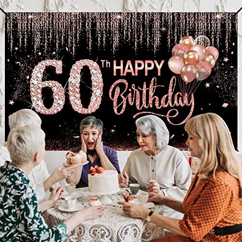 Среќен 60-Ти Роденден Банер Украси За Жени, Розово Злато 60 Годишен Роденден Позадина Знак Партија Материјали, Голем Среќен Шеснаесет Роденден Фото Кабина Реквизити