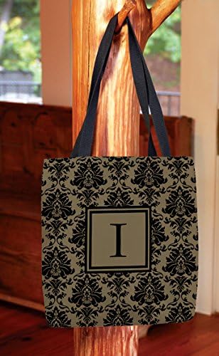 Рачни дрвени обработници и ткајачи торба за шопинг, 18-инчи, монограмирано писмо I, црна и златна Дамаск