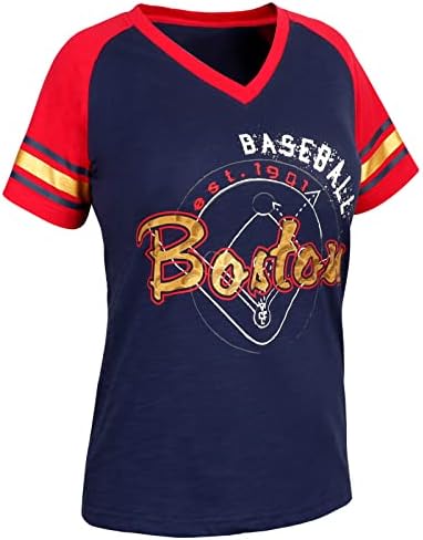 Geneisteck Womens City Baseball Fansубители на маици со кафез на вратот Раглан - Морнарица и црвена боја