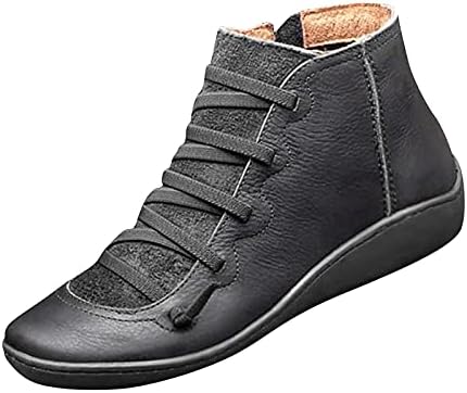 Bootsенски чизми на глуждот Ретро кожа чизми на платформата, страничен патент, плус големина лизгање на зимски снежни чевли, подигање на