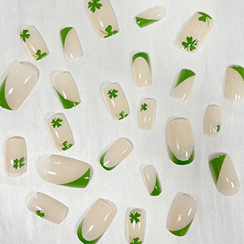 Денот на свети Патрик Притиснете На Ноктите Кратки Квадратни Лажни Нокти Зелени Лажни Нокти Со Шамрок Дизајни Зелен француски Врв Лепак На Ноктите Сјаен Стап На Но