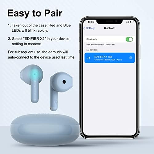 Edifier x2 Вистински безжични ушни уши, Bluetooth Earbuds со 28H Playtime, кристално чисти повици, лесен изграден за спорт, сина…