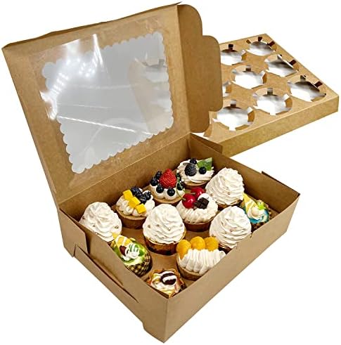 Кутии за Кекси фераци 50 Пакувајте Кафеави Контејнери За Кекси 12 Сметајте Кутии За Носачи На Пекари Крафт Со Прозорци и Влошки
