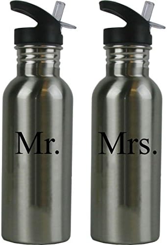 CustomGiftsNow г -дин и г -ѓа г ​​-ѓа не'рѓосувачки челик во вода за вода Свадба со свадбени врвови со слама од 20 унца 600 мл шишиња со вода