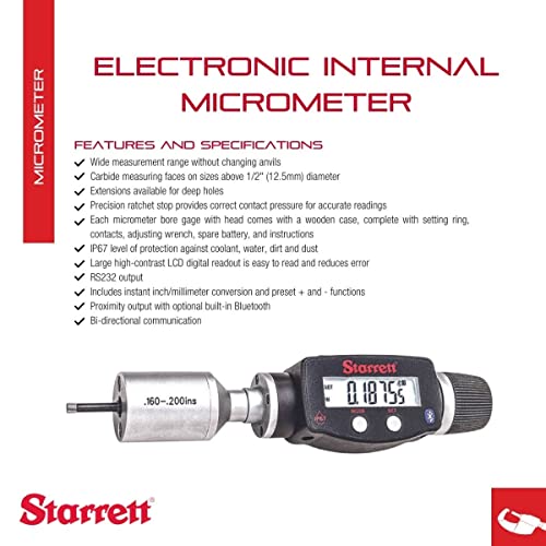 Електронски внатрешен микрометар на Starrett со вградена Bluetooth технологија, двонасочна комуникација и прецизна стоп-стоп-160-.200 Опсег.00005