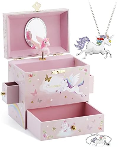 Музичка Кутија За Накит За Мали Девојчиња со 3 Фиоки И Комплет Накит Со Дизајн На Еднорог И Виножито Пеперутка-Преку Брановите Мелодија Розова