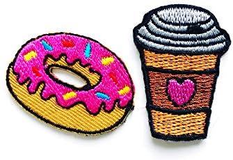 Сет од 2 мали мини кафе чаша јагода крофна крофна слатки десерт слатки цртани филмови шива железо на везена апликација значка знак за лепенка