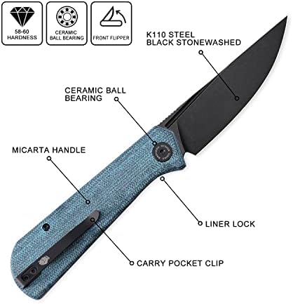 Забележан риба џеб нож PFP07 Викинг, 3,62 K110 црно каменувано сечило, 3,95oz Микарта рачка предна нож за заклучување на лагер за