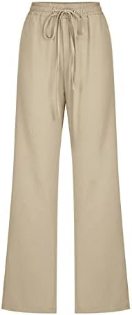 Ксиншид Постелни панталони за жени еластични високи половини пантацо панталони летни обични нозе релаксирани панталони со џебови со џебови