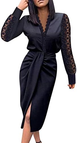 Женски летен фустан мек чипка цврста секси елегантна долга ракав завиткан колк на половината, тенок фустан макси бодител џемпер фустан