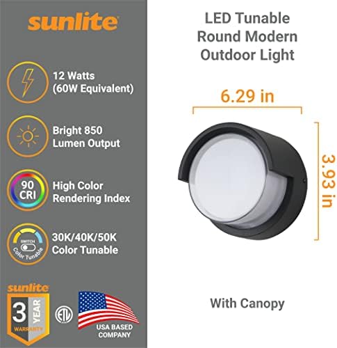 Sunlite 85104 LED тркалезна модерна тела за надворешна светлина, 12 вати, 850 лумени, боја прилагодлива 30K/40K/50K, 90 CRI, ETL наведени, црна,
