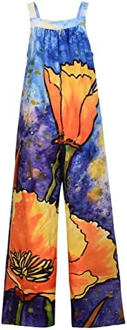 lcepcy Обични скокови за жени цветни печати вратоврска боја игра без ракави ленти со ленти со долги панталони со џебови со џебови