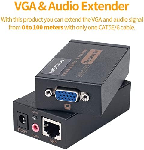 Moerisical VGA CAT5E CAT6 Extender 300FT Видео повторувач преку кабел за етернет, до 100м, испраќач+приемник