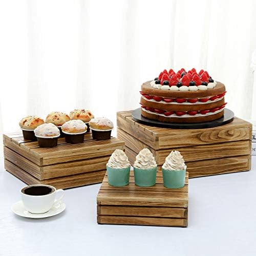 Mygift 3 парче рустикално темно кафеаво цврсто дрво десерт торта и штанд за кекс, декоративни кутии кревачи