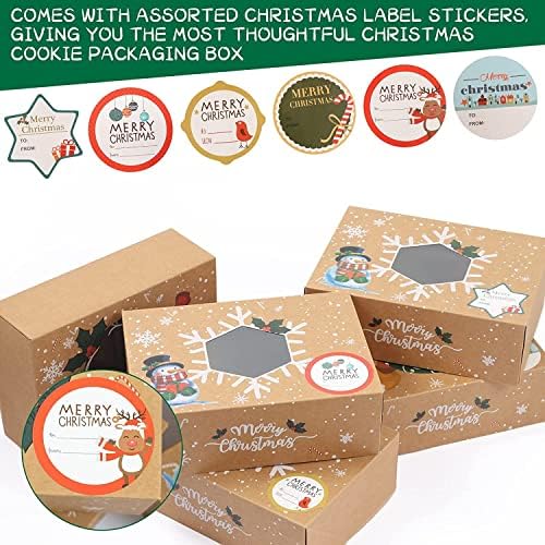 Божиќни кутии за колачиња, 12 пакувања големи кутии за лекување на Божиќни пекари со прозорци и налепници, кутии за подароци Крафт, контејнери